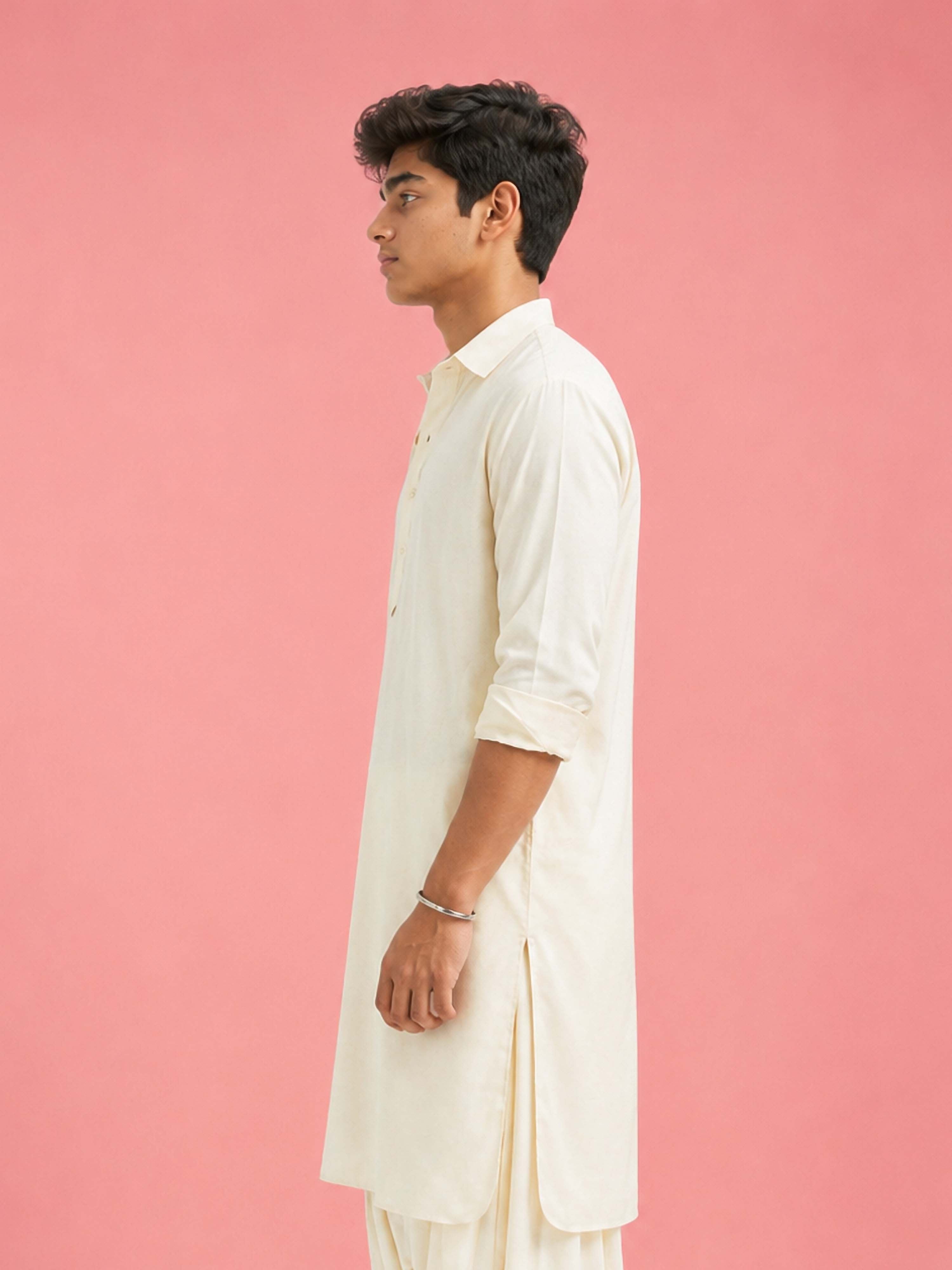 Boy's Cream Fine Satin Solid Knee Length Kurta