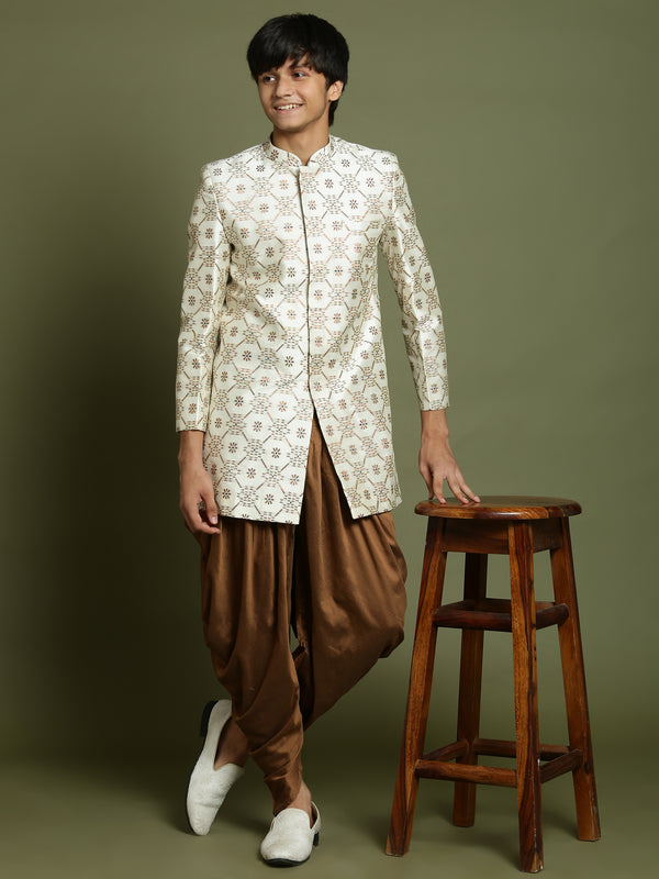 Boy's Beige And Coffee Jacquard Sherwani Set