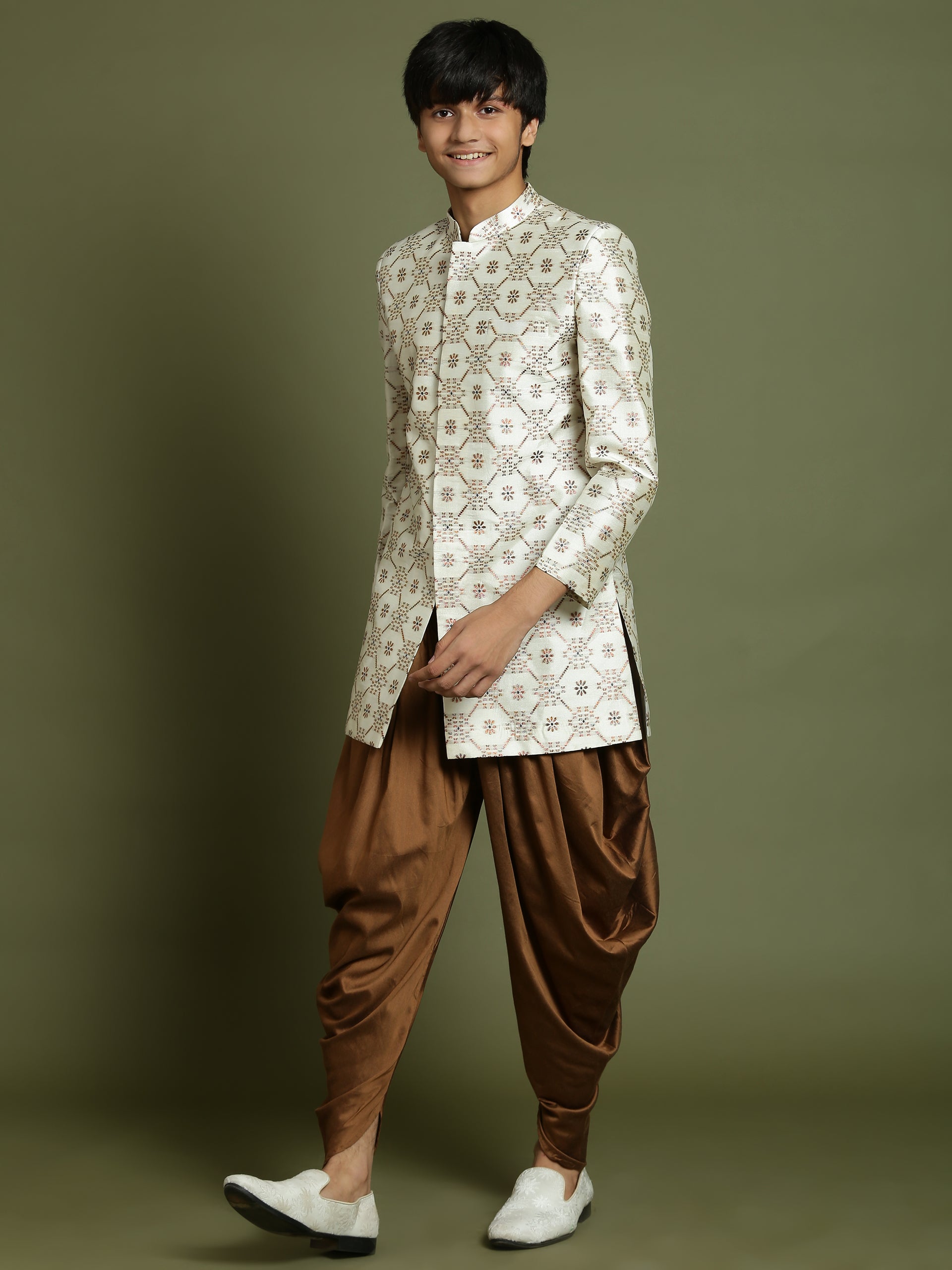Boy's Beige And Coffee Jacquard Sherwani Set