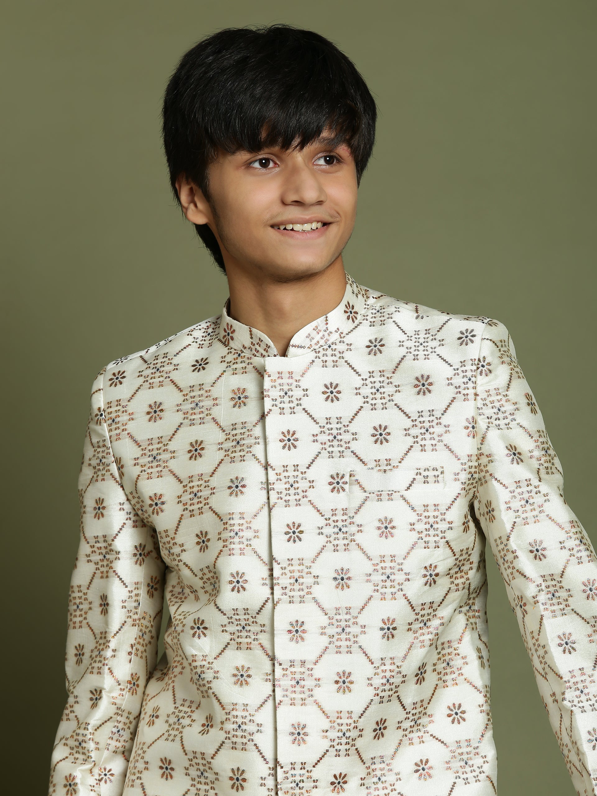 Boy's Beige And Coffee Jacquard Sherwani Set