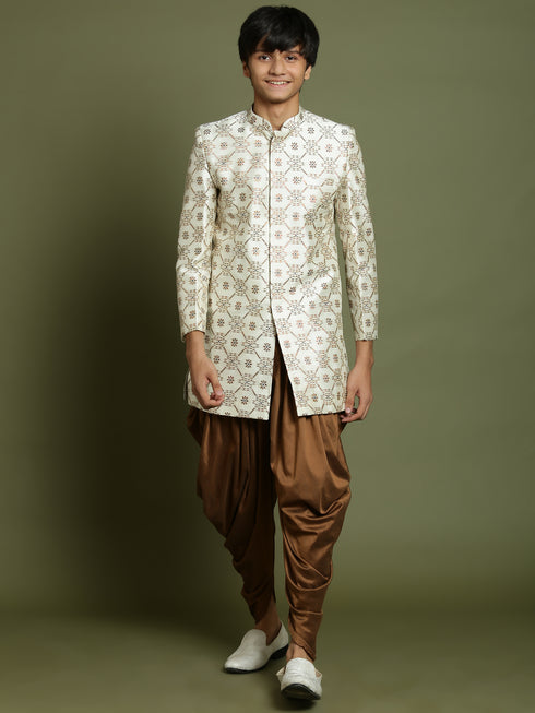 Boy's Beige And Coffee Jacquard Sherwani Set