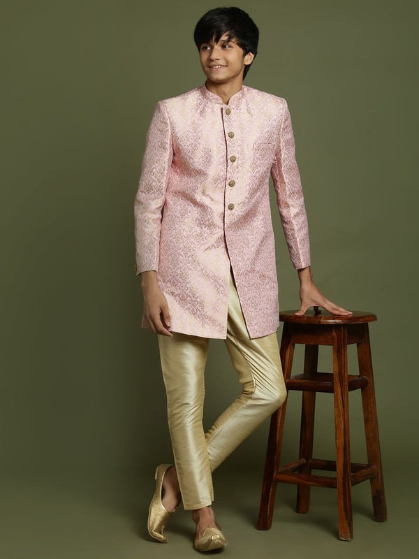 Boy's Pink & Gold-Colored Woven-Design Brocade Slim Fit Sherwani Set