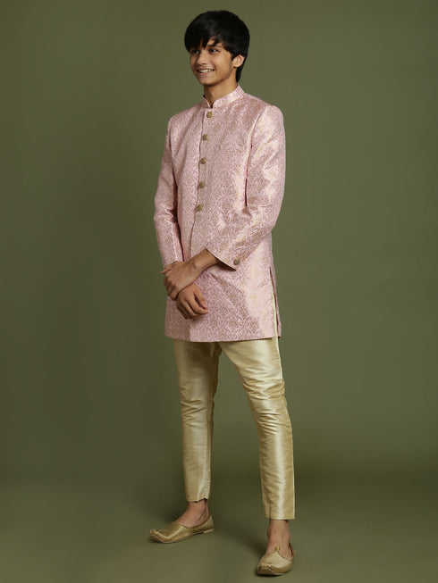 Boy's Pink & Gold-Colored Woven-Design Brocade Slim Fit Sherwani Set