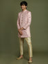 Boy's Pink & Gold-Colored Woven-Design Brocade Slim Fit Sherwani Set