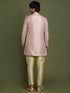 Boy's Pink & Gold-Colored Woven-Design Brocade Slim Fit Sherwani Set