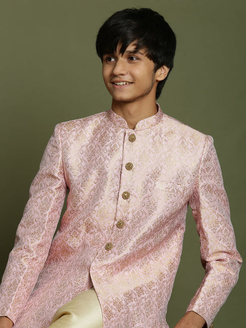 Boy's Pink & Gold-Colored Woven-Design Brocade Slim Fit Sherwani Set