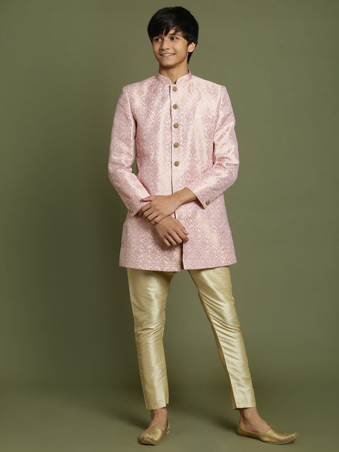 Boy's Pink & Gold-Colored Woven-Design Brocade Slim Fit Sherwani Set