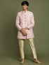 Boy's Pink & Gold-Colored Woven-Design Brocade Slim Fit Sherwani Set