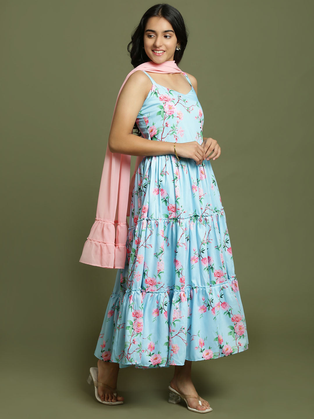 Girl's Aqua Floral Print Anarkali With Pink Dupatta