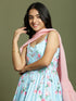 Girl's Aqua Floral Print Anarkali With Pink Dupatta