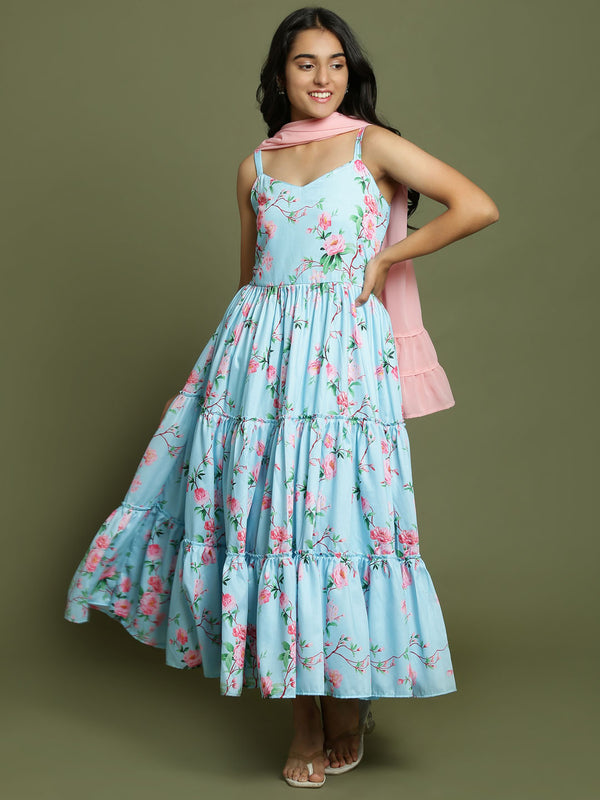 Girl's Aqua Floral Print Anarkali With Pink Dupatta