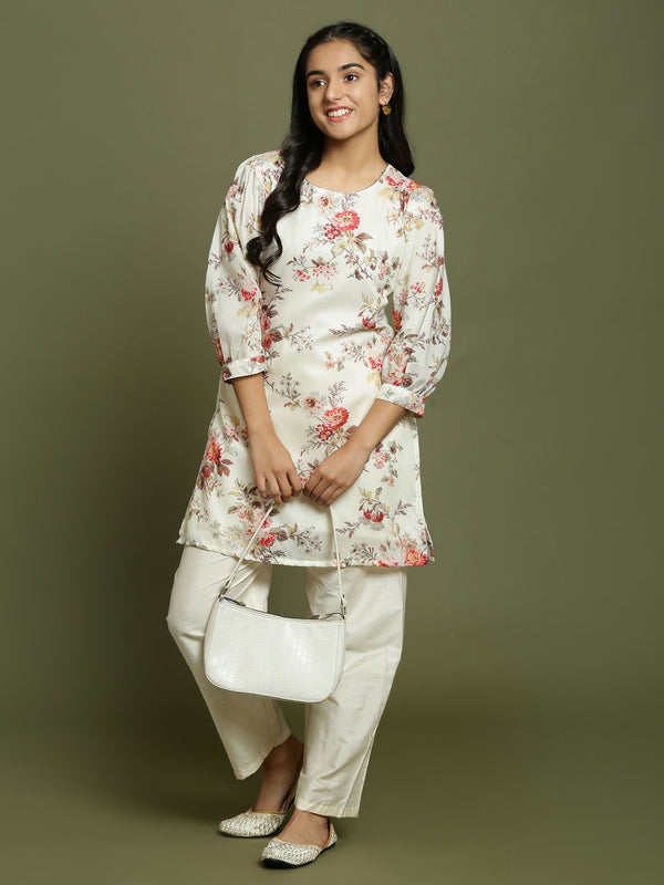 Girl's Cream Floral Printed Kurta With Cream Pant Set