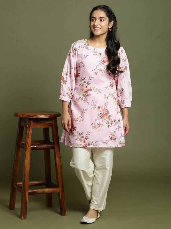 Girl's Pink Floral Printed Kurta With Cream Pant Set
