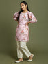 Girl's Pink Floral Printed Kurta With Cream Pant Set