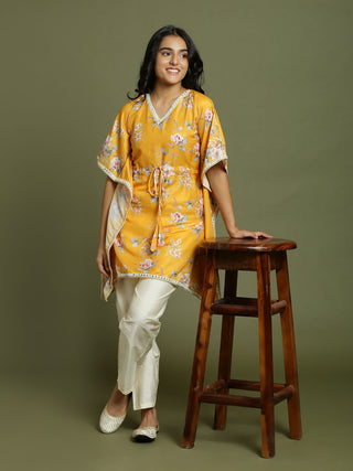 Yuva By VASTRAMAY Girls Yellow Floral Printed Kaftan Kurta With Cream Pant Set