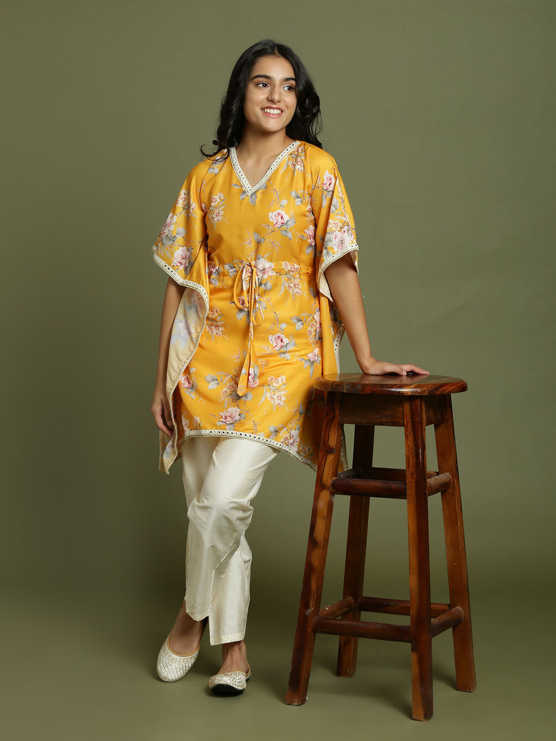 Girl's Yellow Floral Printed Kaftan Kurta With Cream Pant Set