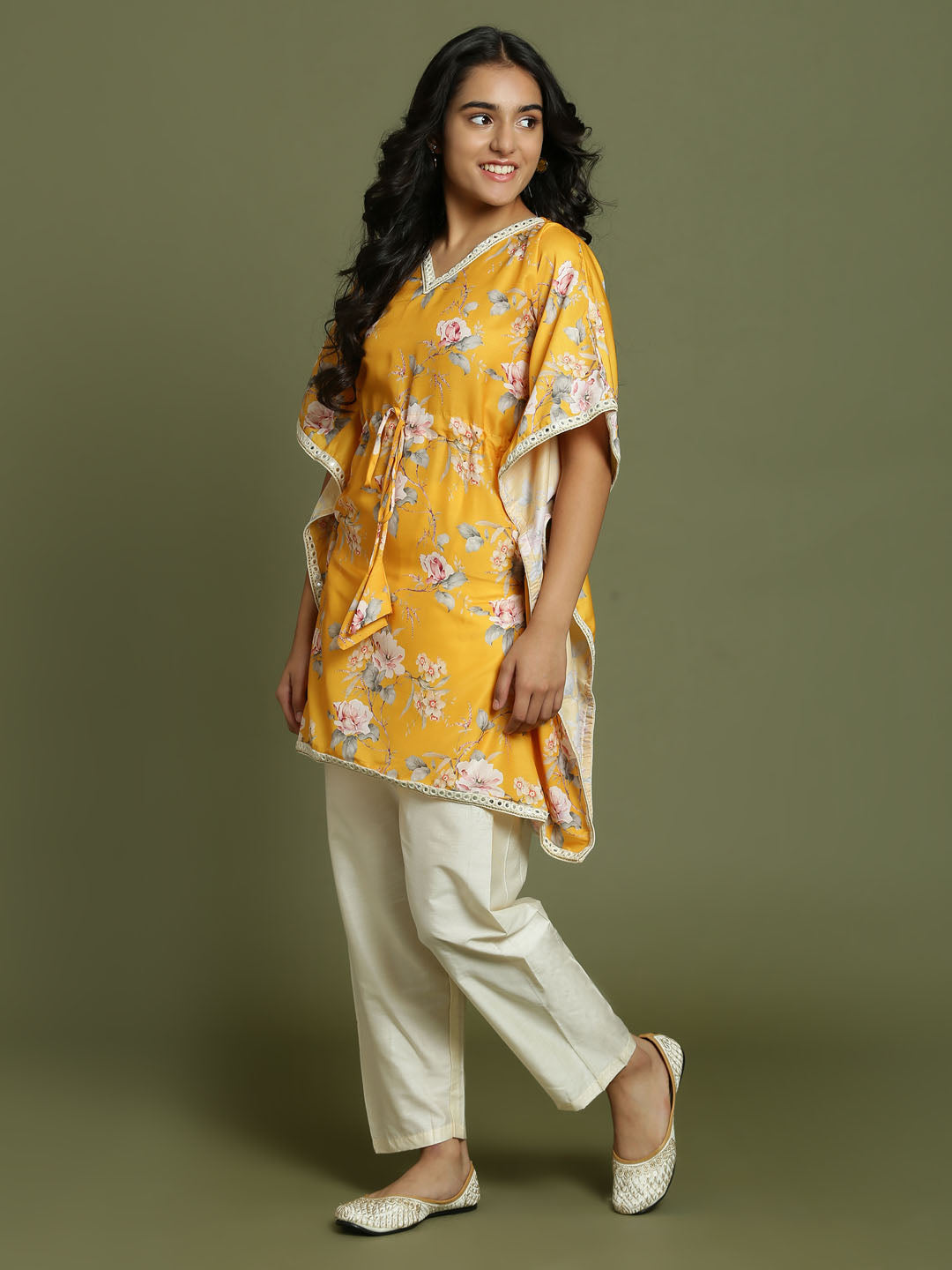 Girl's Yellow Floral Printed Kaftan Kurta With Cream Pant Set