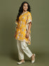 Girl's Yellow Floral Printed Kaftan Kurta With Cream Pant Set