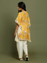 Girl's Yellow Floral Printed Kaftan Kurta With Cream Pant Set