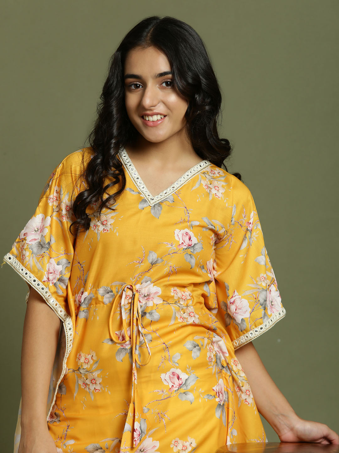 Girl's Yellow Floral Printed Kaftan Kurta With Cream Pant Set