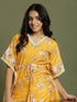 Girl's Yellow Floral Printed Kaftan Kurta With Cream Pant Set