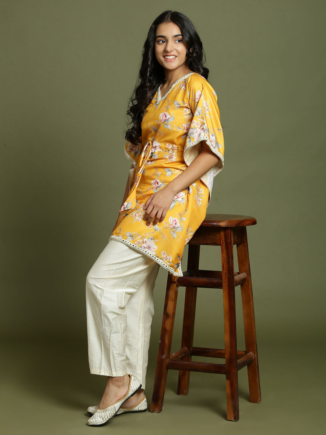 Girl's Yellow Floral Printed Kaftan Kurta With Cream Pant Set