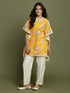 Girl's Yellow Floral Printed Kaftan Kurta With Cream Pant Set