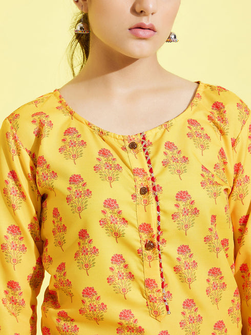 Girl's' Mustard And Cream Printed Linen Kurta And Patiala Set