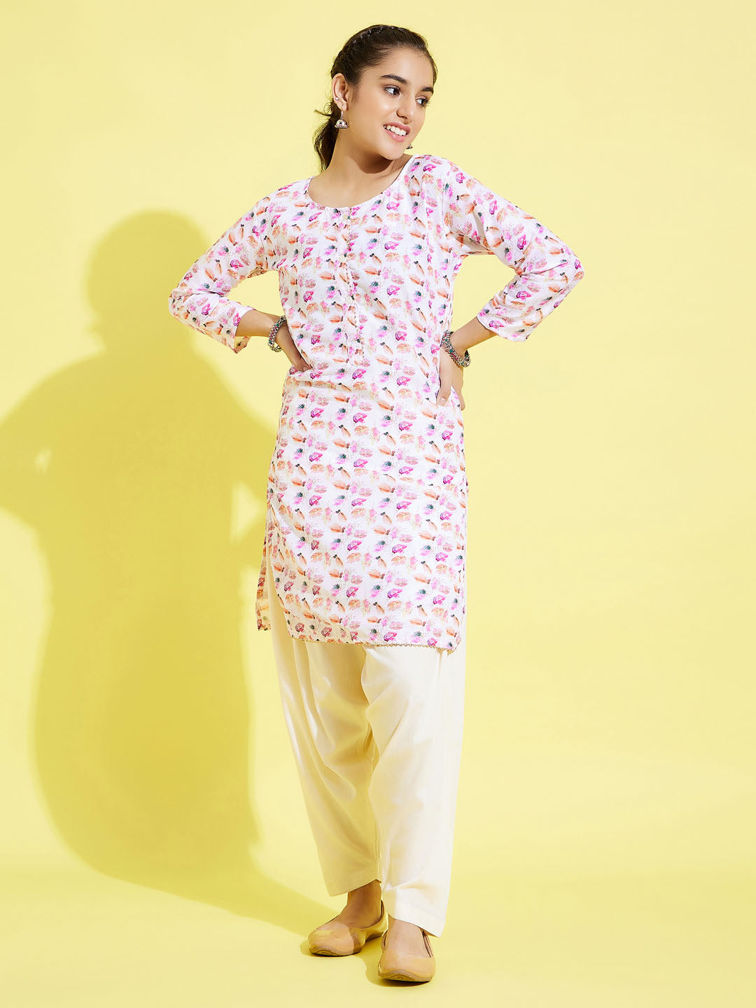 Girl's' White Floral Printed Linen Kurta And Cream Patiala Set