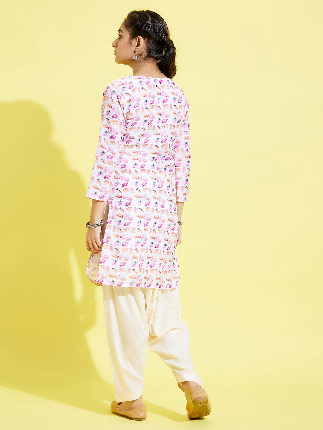 Girl's' White Floral Printed Linen Kurta And Cream Patiala Set