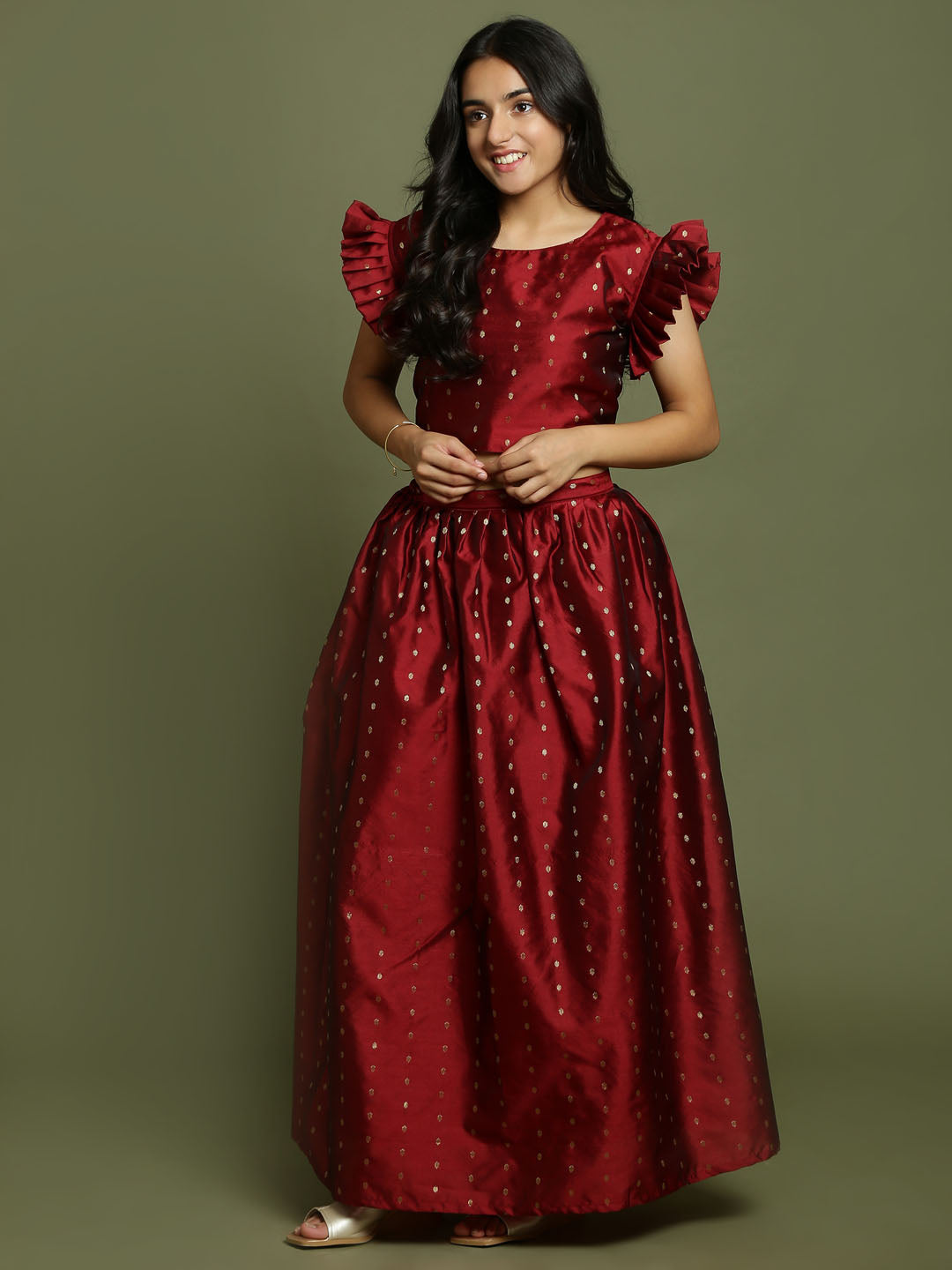 Girl's Maroon Woven Design Booti Crop Top And Long Skirt Set