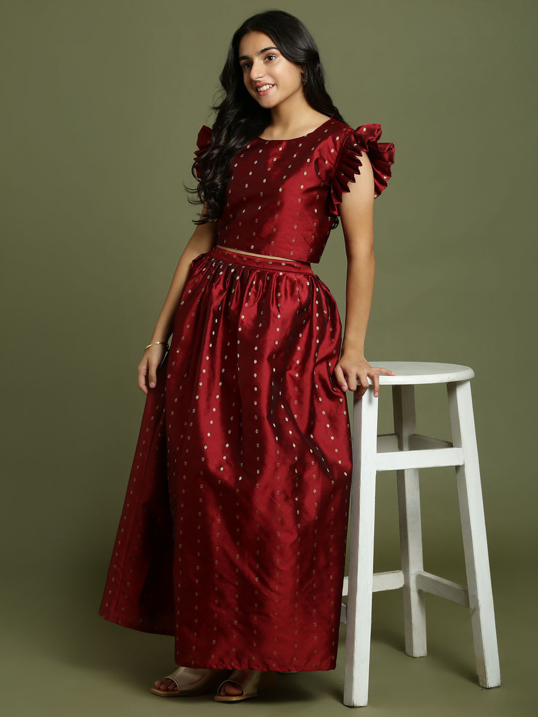 Girl's Maroon Woven Design Booti Crop Top And Long Skirt Set