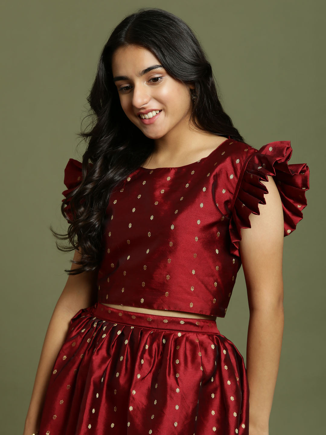 Girl's Maroon Woven Design Booti Crop Top And Long Skirt Set