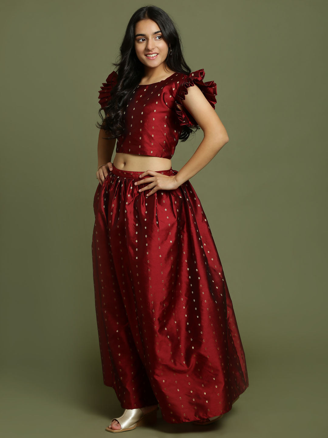 Girl's Maroon Woven Design Booti Crop Top And Long Skirt Set