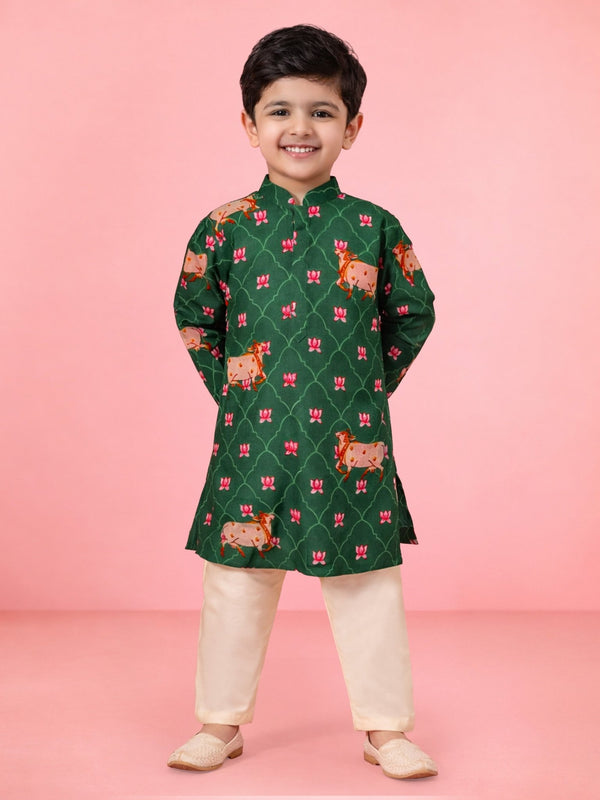 vastramayBoys Green Pichwai Cow Print Cotton Kurta Pyjama Set for Wedding & Festive Wear