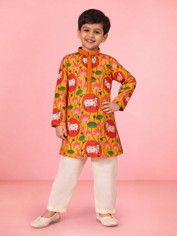 vastramayBoys Yellow Pichwai Print Muslin Kurta with Cream Pyjama
