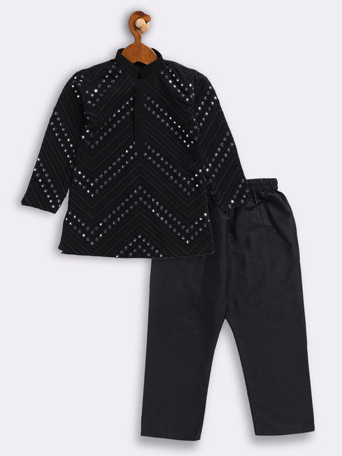 Sishu Boy's' Black Mirror Work Kurta Pyjama Set