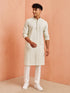 Men's Off-White Floral Thread Embroidered Thigh Length Kurta Pant Set with Pyjama