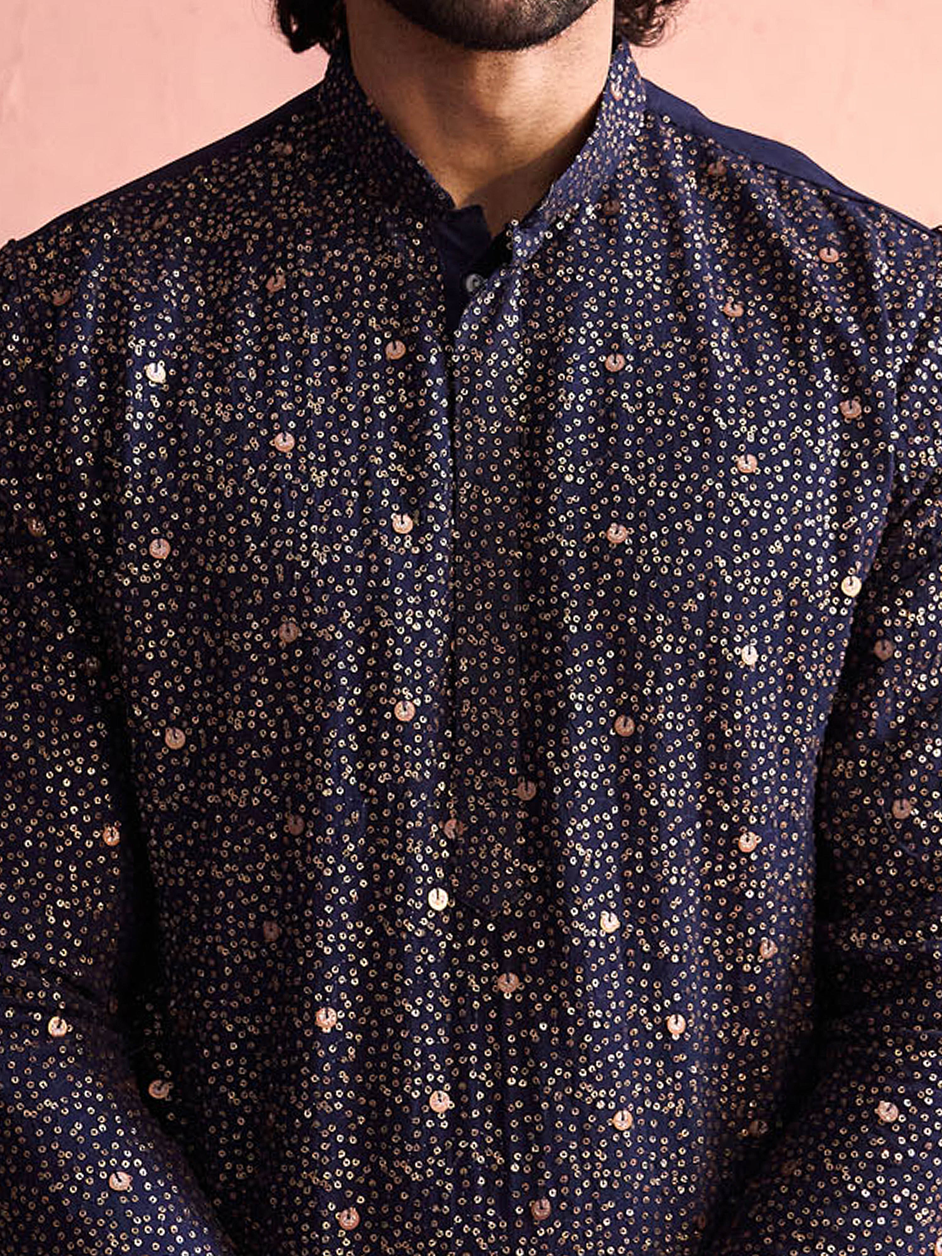 Men's Navy Blue Ombre Sequin Work Thigh Length Kurta Pant Set with Pant