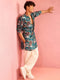 Men Teal Abstract Printed Plain Thigh Length Kurta Pant Set with Wide Leg Pant