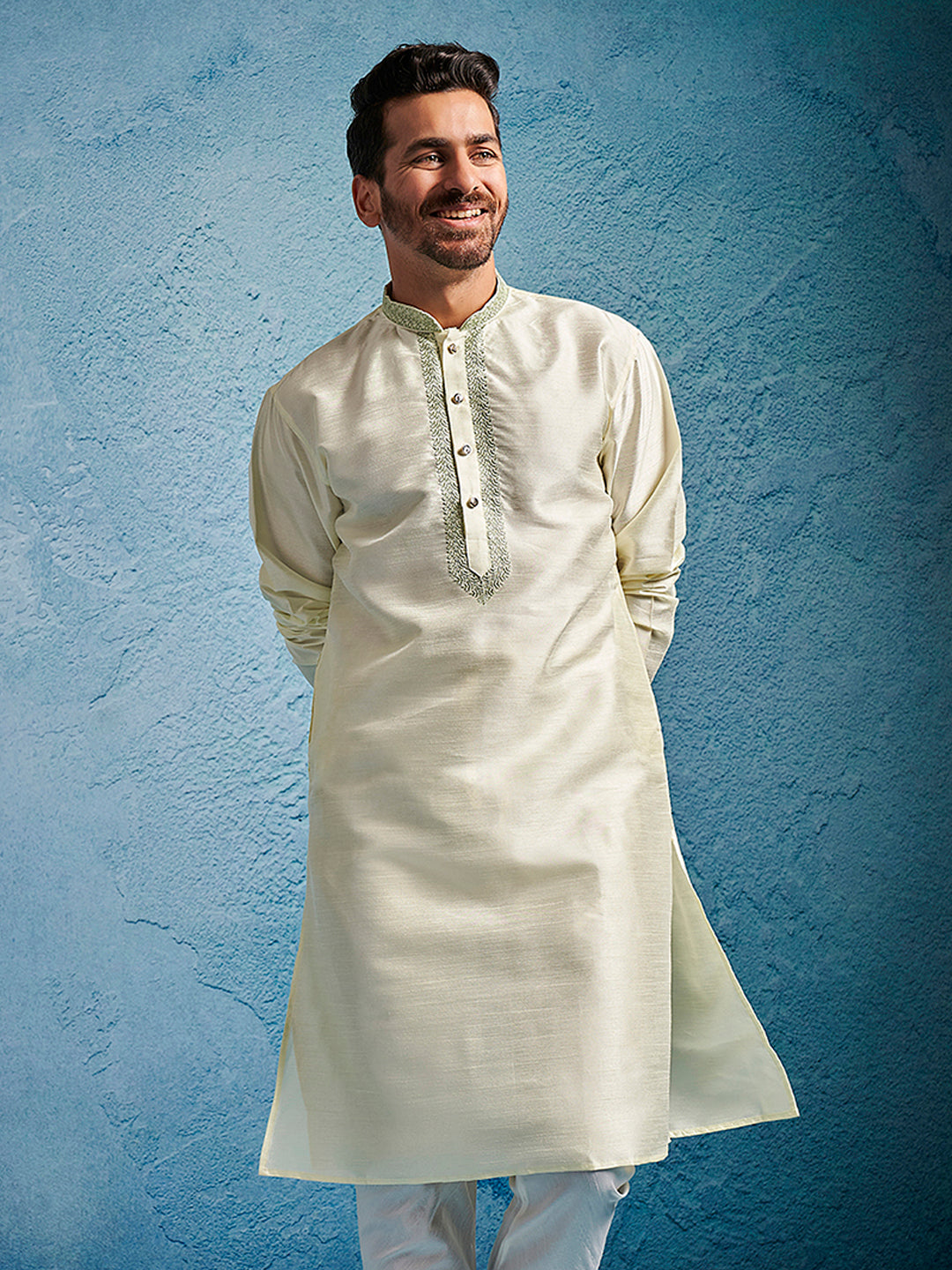Men Cream Self Design Thread Work Thigh Length Kurta