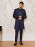 Men Navy Blue Floral Jacquard Indo Western Set with Pant
