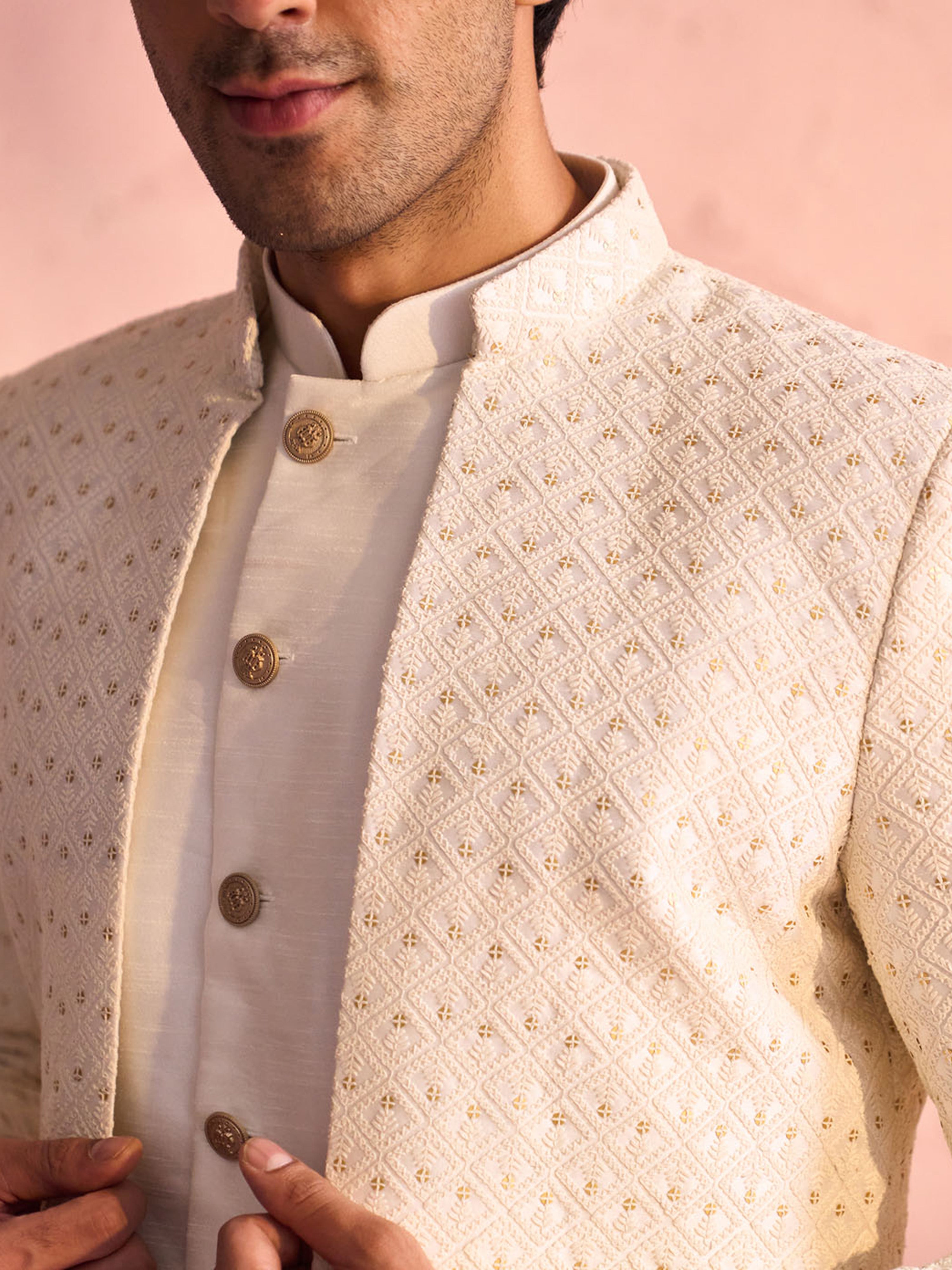 Cream Jacquard Self Design Indo Western Set with Churidar