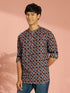 Men Navy Blue Geometric Plain Regular Kurta