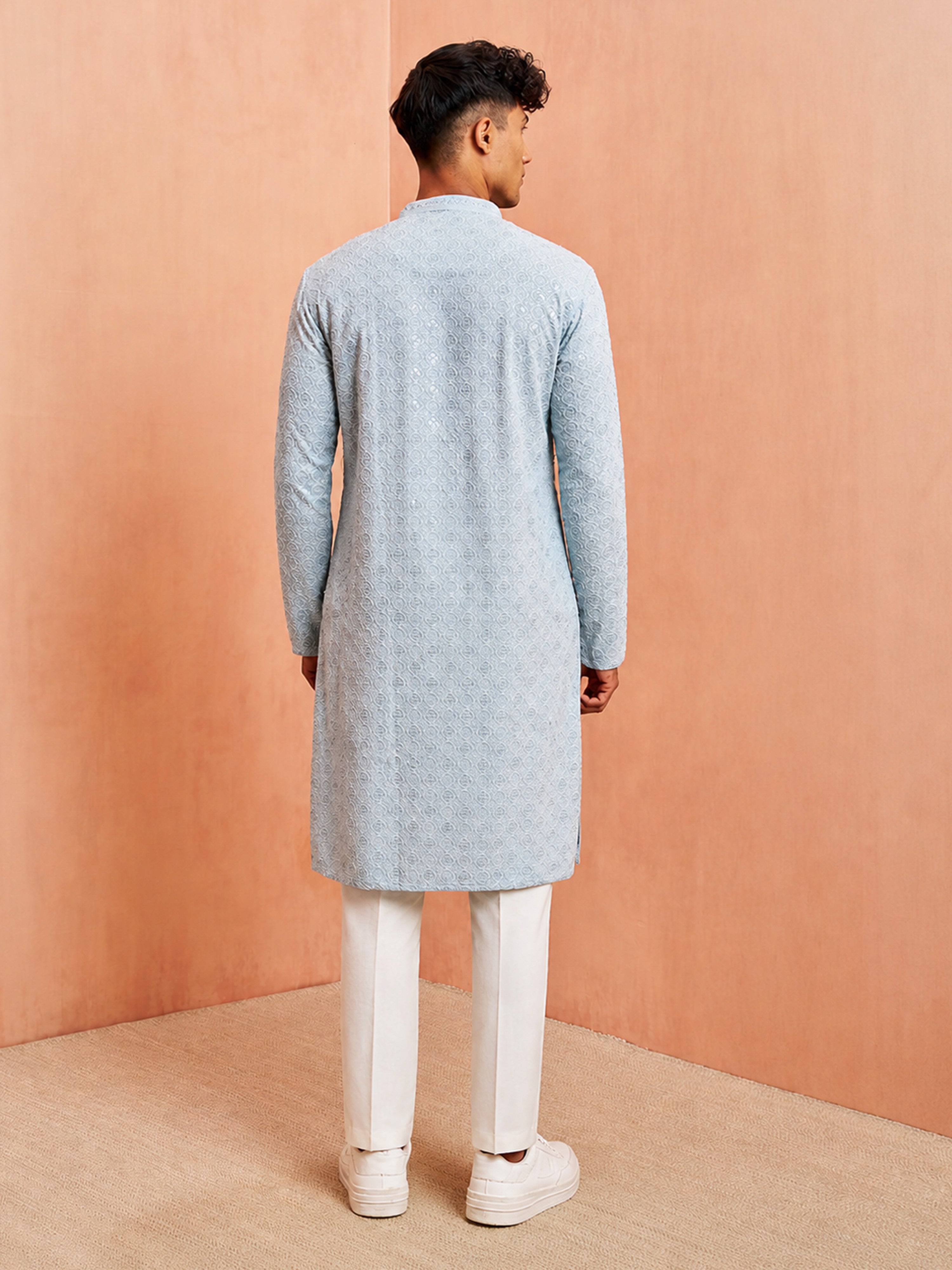 Men Light Blue Embroidered Thread Work Thigh Length Kurta Pant Set with Pyjama