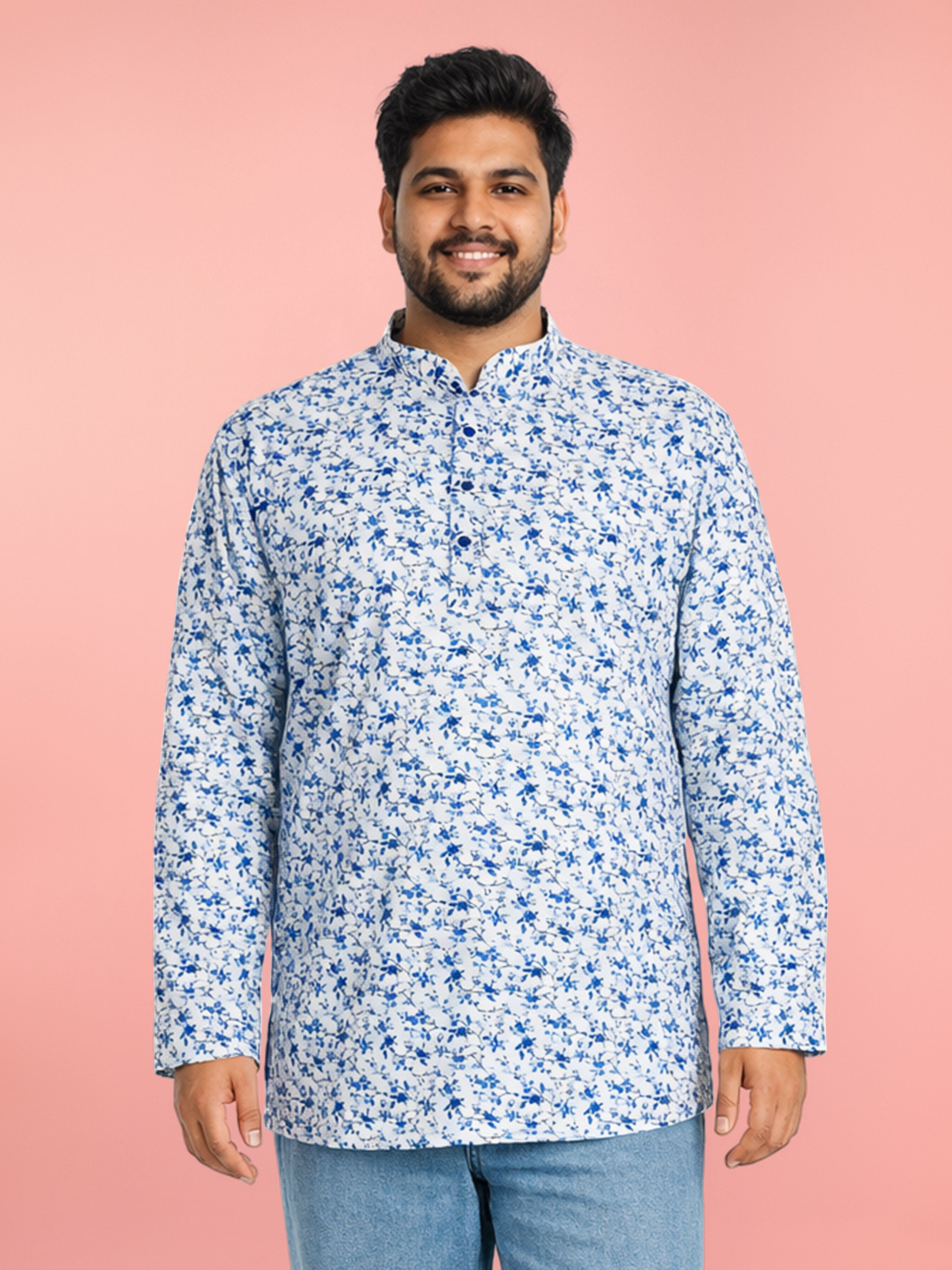 Men White Floral Plain Thigh Length Straight Kurta