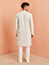Men's Off-White Floral Thread Embroidered Thigh Length Kurta Pant Set with Pyjama