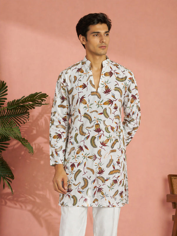 Men Off-White Floral Plain Thigh Length Kurta