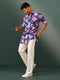 Men Navy Blue Floral Print Plain Thigh Length Kurta Pant Set with Wide Leg Pant