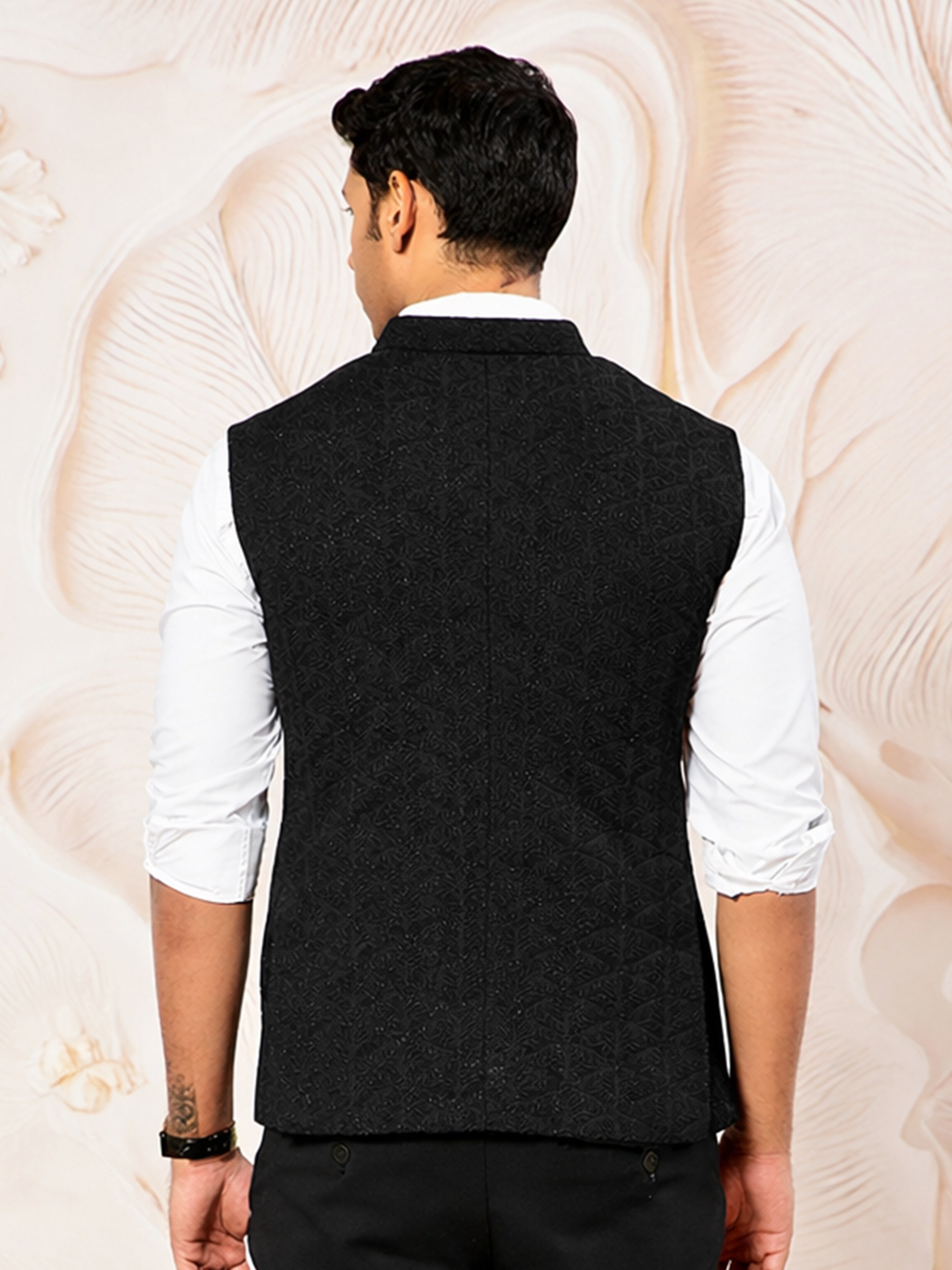 Men Black Abstract Self-Design Regular Nehru Jacket